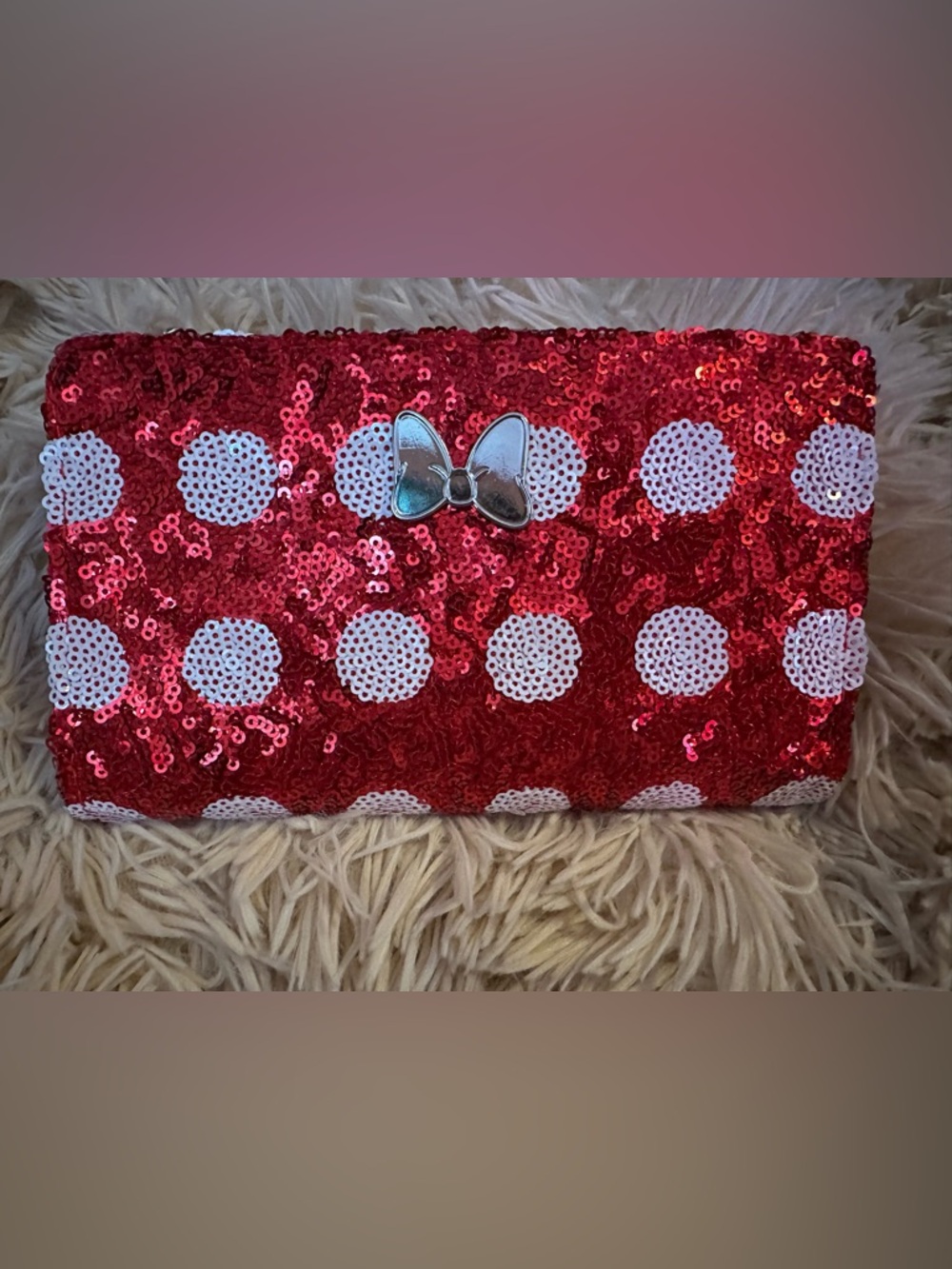 RARE Loungefly & Disney Collab Sequin Polka Dot Clutch with Minnie Bow Accent
